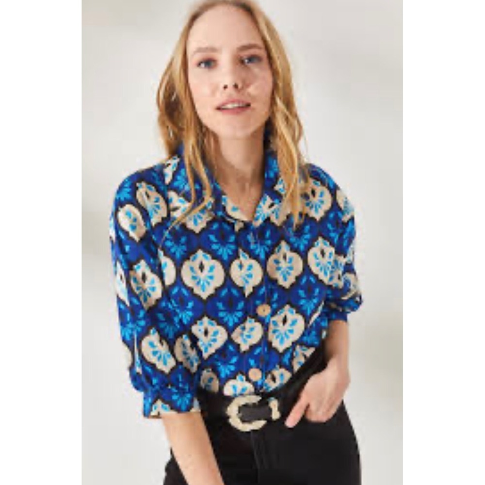 Zara Womens Blue Geometric Floral Print Button Up Shirt XS 9145/824/080